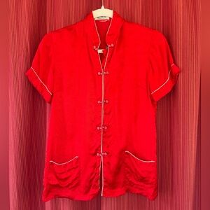 Vibrant Red Silk Chinese Tang Blouse - Small